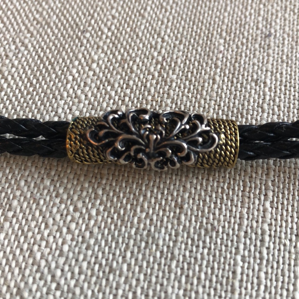 Multitoned Black Braided Bracelet w silver and gold toned center piece